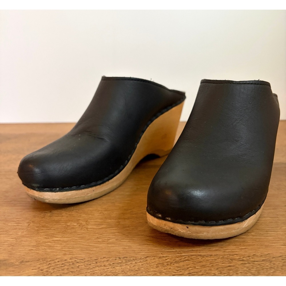 No 6 New School Black Leather Wooden Wedge Clogs Size 40 Boho Minimalist